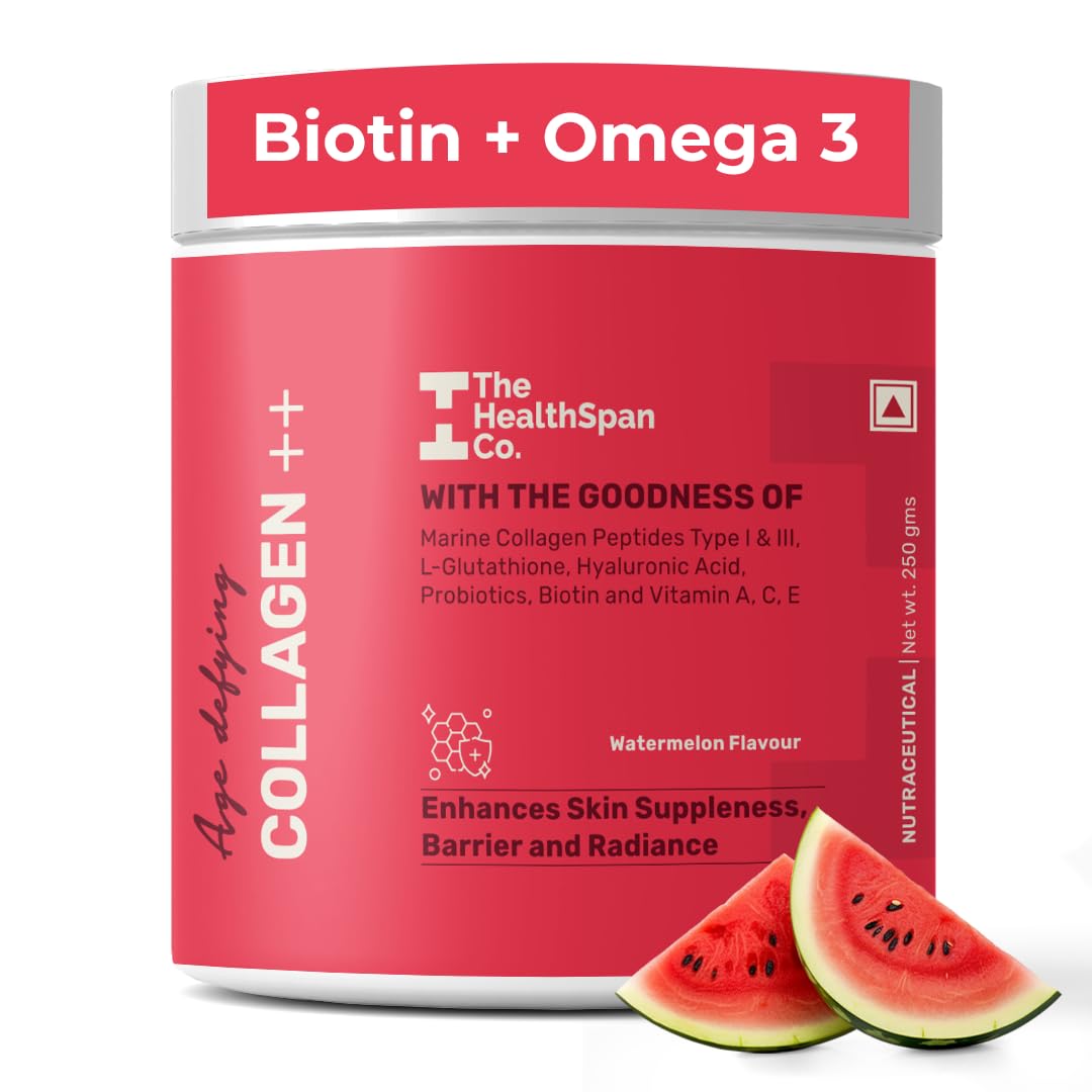 The Healthspan Co. Pure Korean Marine Collagen Powder for Women & Men | Collagen Peptides for Skin, Hair, Nails, Bones & Joints | With Omega 3, Glutathione, Hyaluronic Acid & Biotin -250g, Watermelon