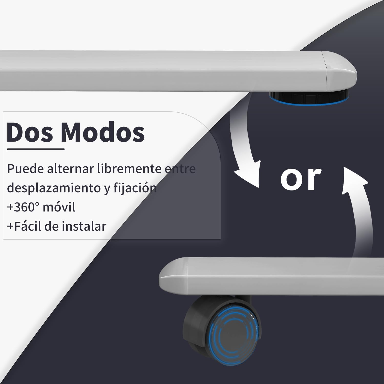 Illustration showing the two modes of the desk: fixed feet and mobile caster wheels, highlighting 360-degree mobility and easy installation.