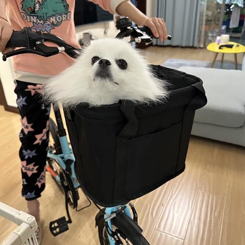 Collapsible Bike Pet Carrier Basket, Oxford Cloth Dog Cat Bag with Reflectors for Bicycle Front Handlebar