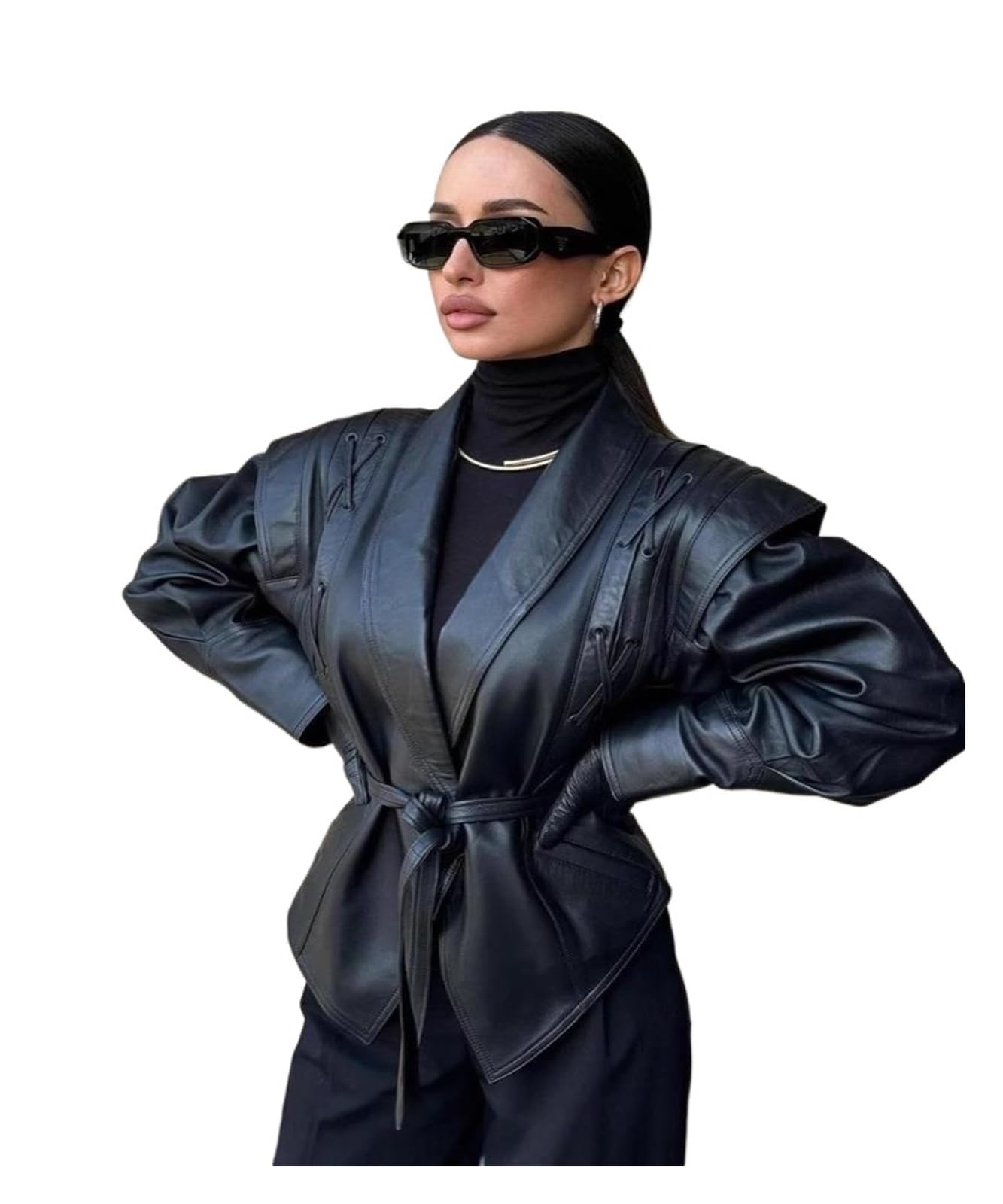 Chaqueta Cuero Mujer Faux Black Jacket Coat With Belt Lapel Women's Outwear Para salir