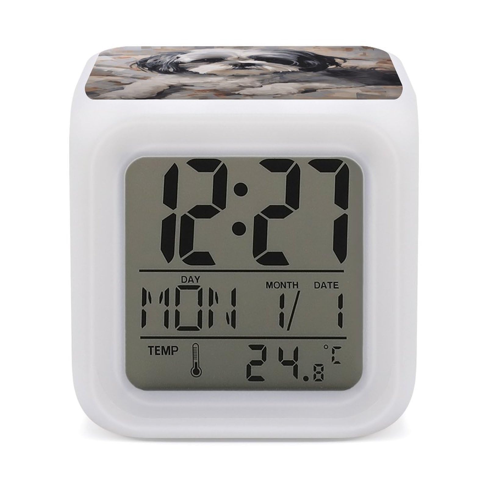 VstaDank Shih Tzu Alarm Clock 7 Color Changing LED Wake-Up Clocks Printed Home Decoration Multi-Color Night Light Digital Alarm Clock with Temperature Display for Home Office