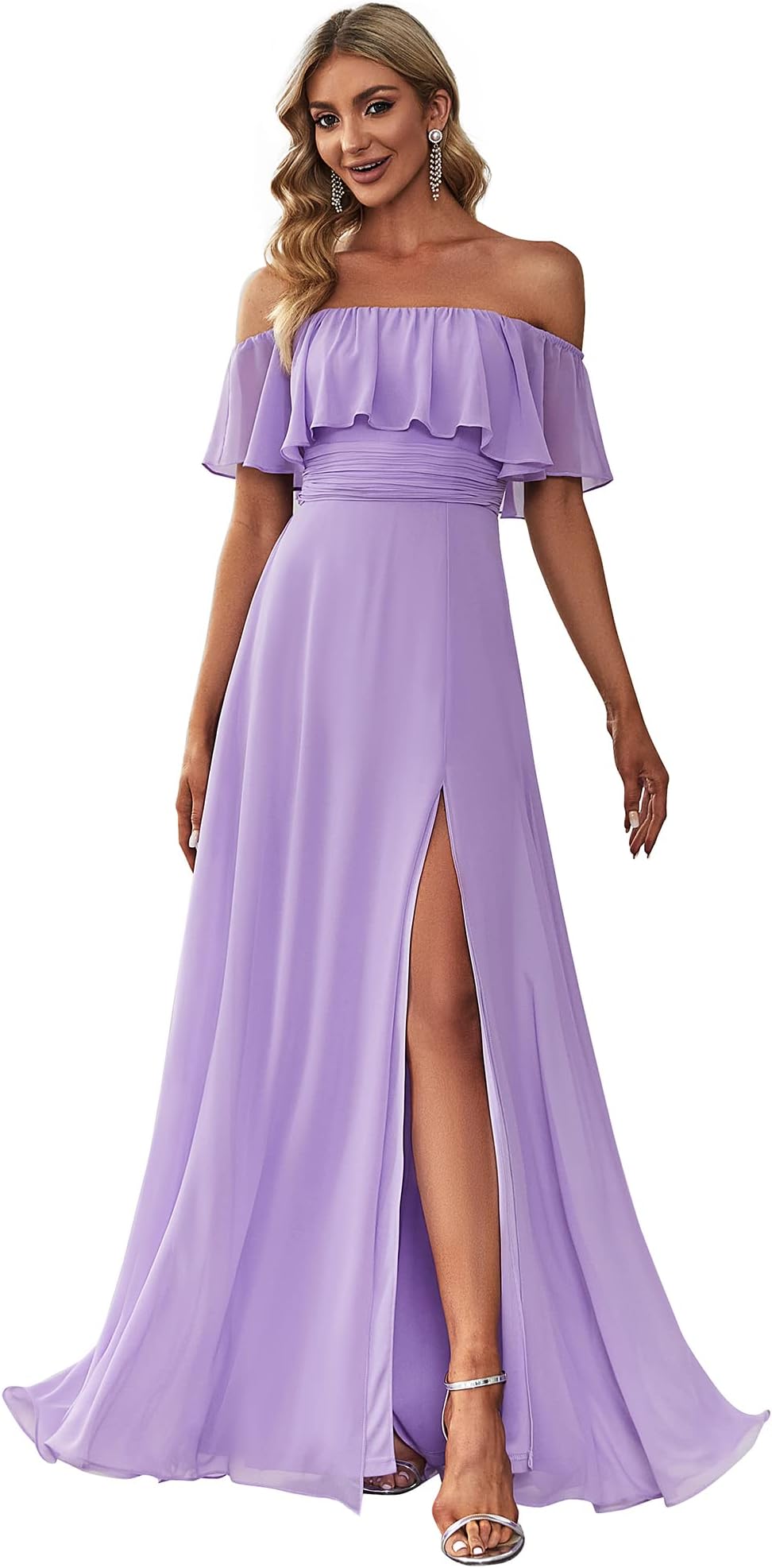 Ever-PrettyWomen's Off The Shoulder Bridesmaid Dresses Side Split Beach Maxi Formal Dress White 00968