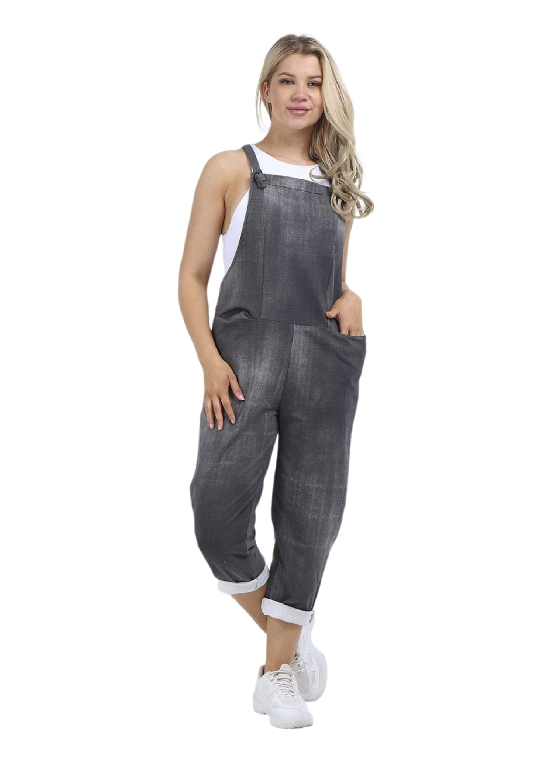 Candid StylesWomens Italian Dungaree Pabo Denim Floral Star Print And Plain Cotton Relaxed Fit Jumpsuit Playsuit