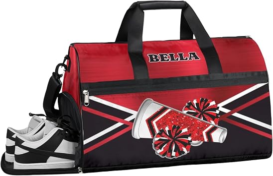 Personalized Cheerleader Bag Dance Bag for Girl Woman, Custom Gym Bag Sport Duffel Bag with Shoes Compartment Glitter Red Cheer