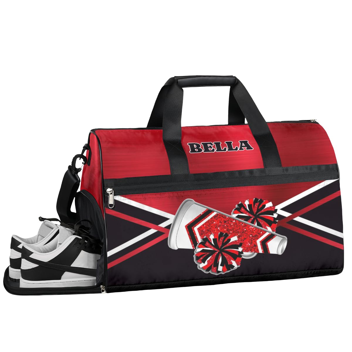 Personalized Cheerleader Bag Dance Bag for Girl Woman, Custom Gym Bag Sport Duffel Bag with Shoes Compartment Glitter Red Cheer