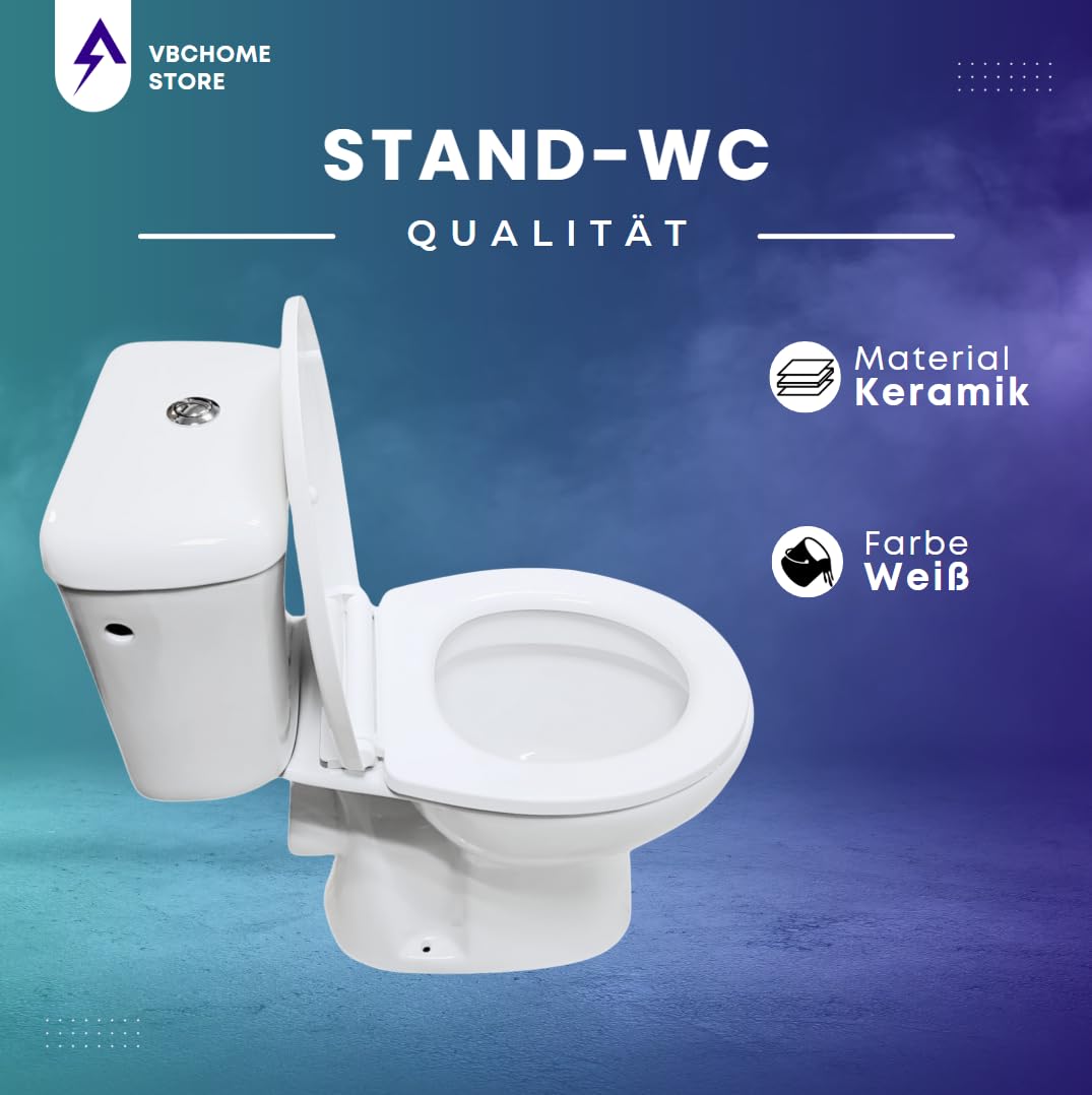 VBChome Stand- WC Toilette Keramik Komplett Set mit Spülkasten WC- Sitz aus Polypropylen mit Absenkautomatik SoftClose-Funktion Abgang Waagerecht WC Spülrandloses Hygienisch Ästhetisch