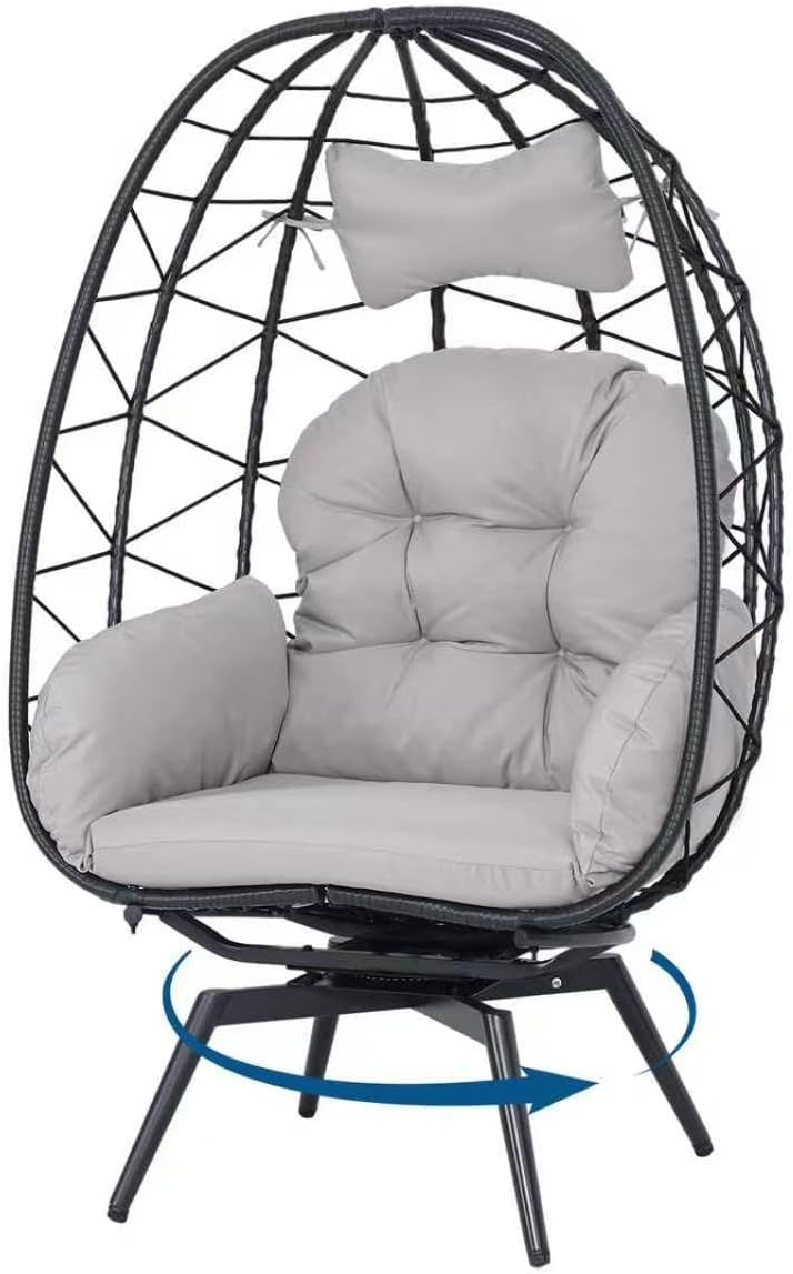 360° Swivel Rattan Egg Chair, 330lbs Capacity Wicker Patio Egg Chair with Thick Cushions, All Weather Patio Egg Chair for Adult, Oersized Swivel Chair for Indoor Outdoor, Black-Light Gray