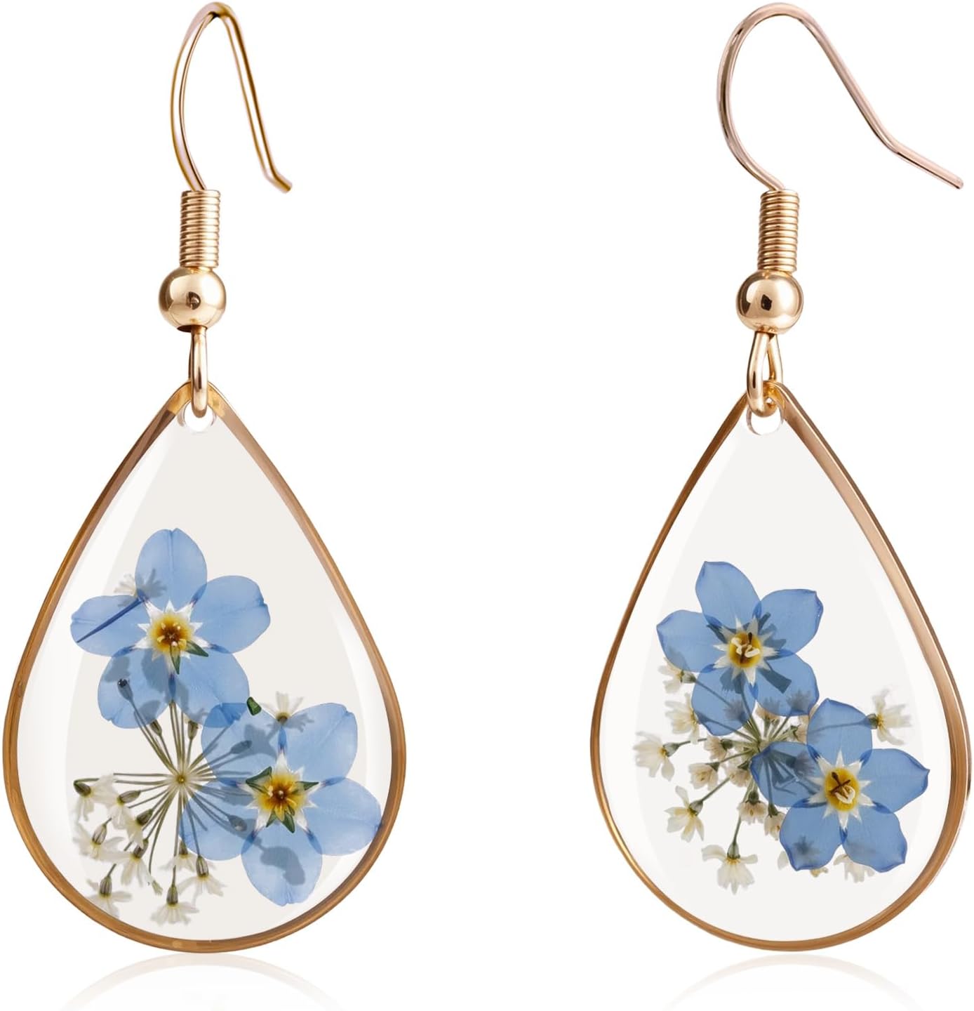 Forget Me Not Flower Earrings for Women - Pressed Floral Teardrop Dangle Earrings in 14K Gold Plated, Unique Resin Botanical Jewelry Gift