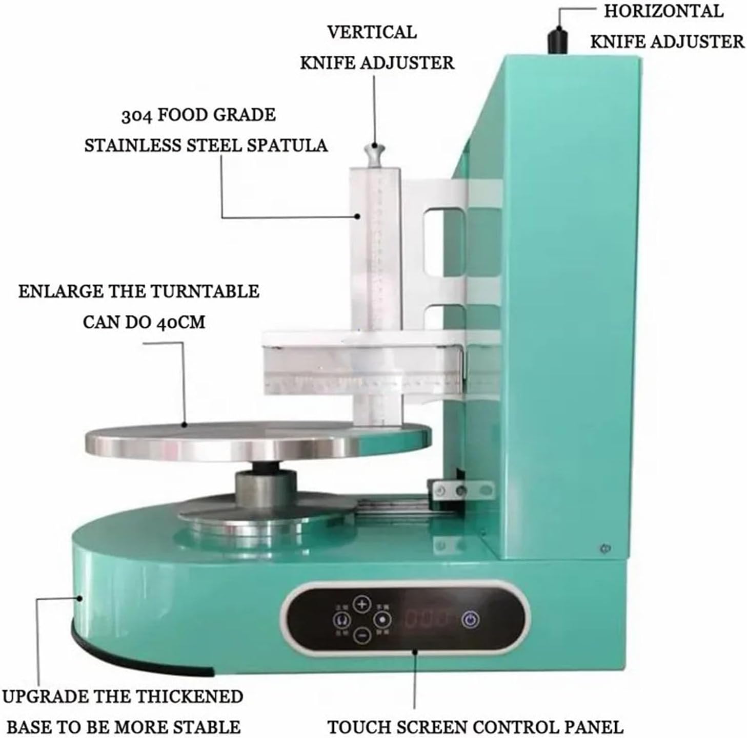 Detailed view of the cake smoothing machine highlighting its components: horizontal knife adjuster, vertical knife adjuster, 304 food grade stainless steel spatula, enlarged turntable, thickened base, and touch screen control panel.