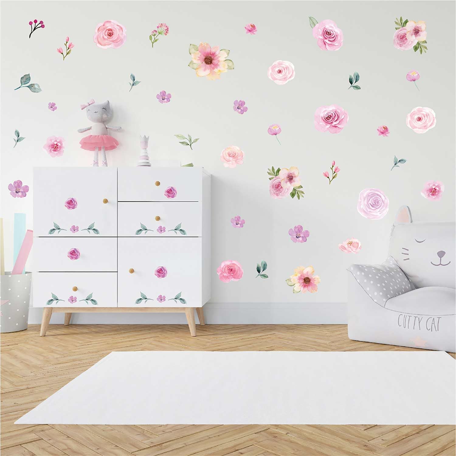 Floral Wall Decals Peel and Stick | 60PCS Watercolor Peony Flower & Leaves Stickers | Removable Vinyl Wall Art for Girls Bedroom, Nursery, Living Room | Pastel Home Decor