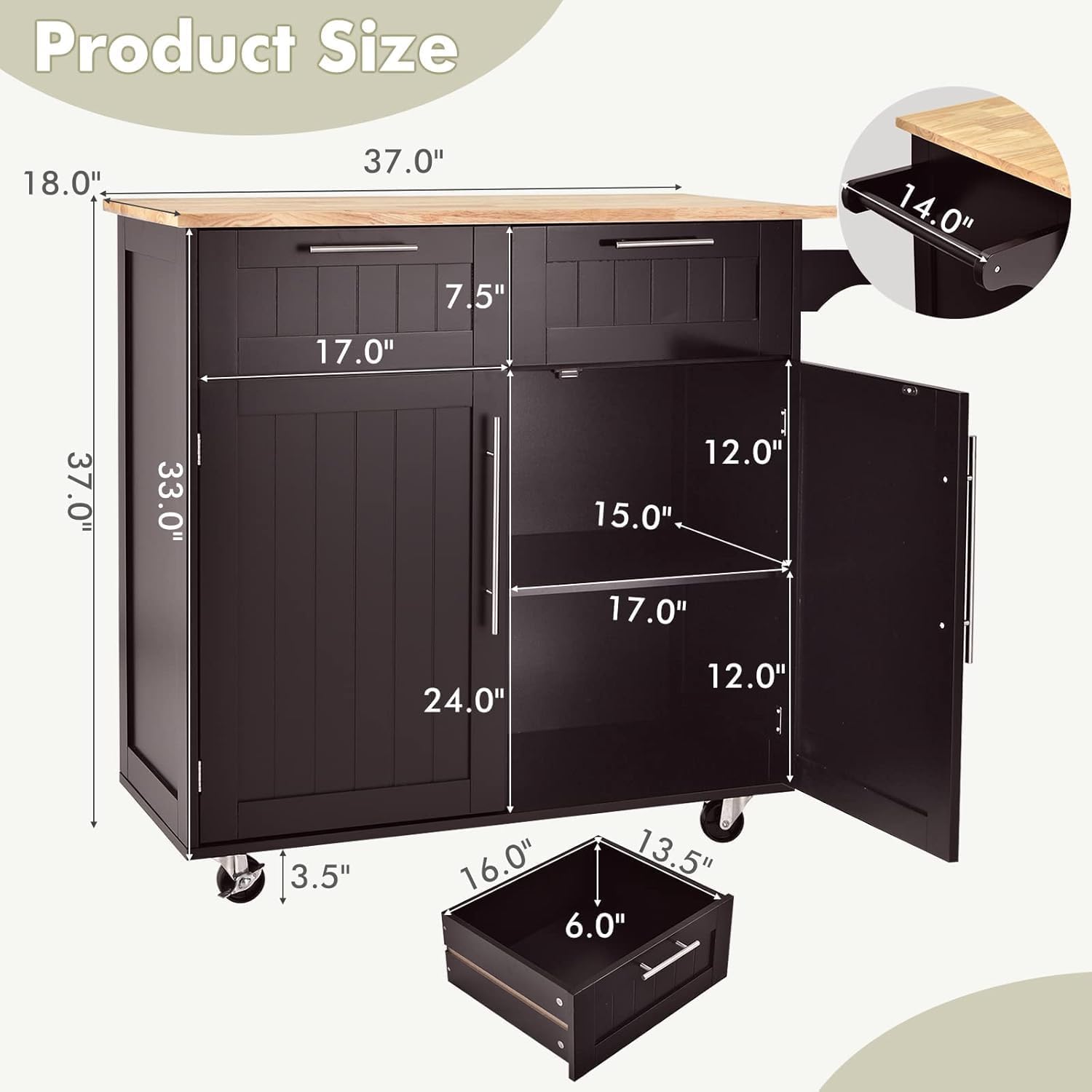 LOKO Kitchen Island with Storage, Portable Kitchen Cart with Rubber Wood Countertop, Universal Casters and Adjustable Shelves, Rolling Kitchen Island on Wheels, 37 x 17.72 x 37.2 inches (Brown)