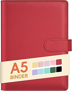 Sooez A5 Notebook Photocard Binder, 6 Ring Planner, Stylish Loose Leaf Personal Organizer Cover with Magnetic Buckle, PU Leather Binder Women with Macaron Colors (Red)