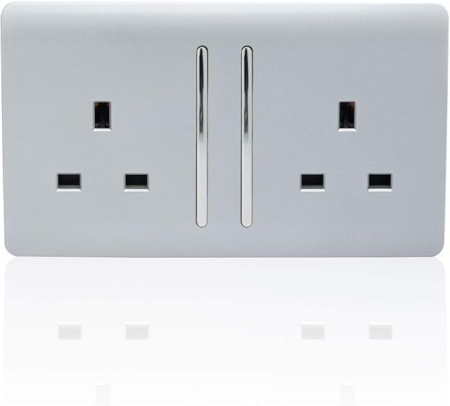 Trendi Switch 2 Gang Artistic Modern Glossy 13 Amp Electrical Long Switched Plug Socket Silver