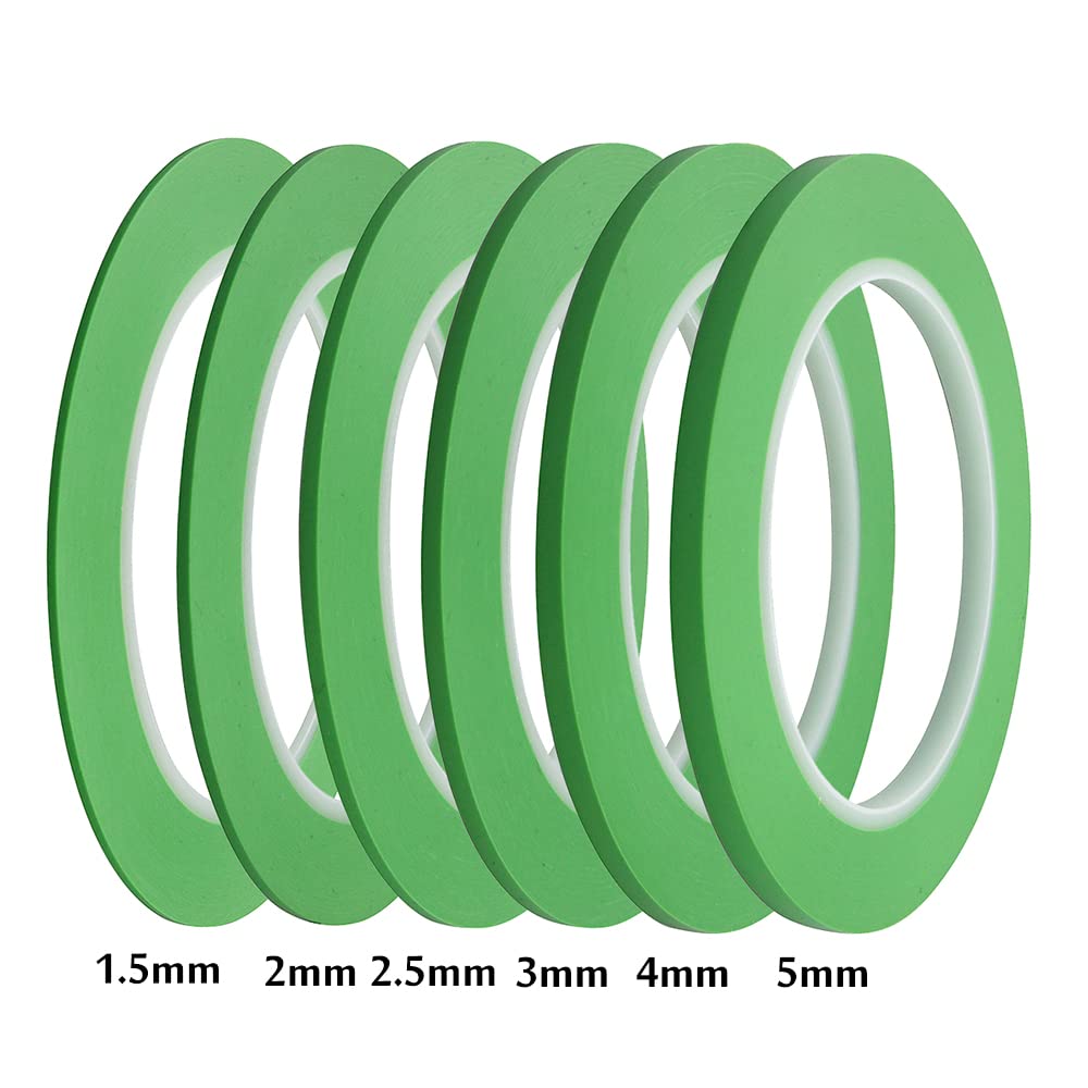 JINBING Mix 6Rolls High-Temp Vinyl Fine Line Masking Tape Automotive Paint for Curves Green 1.5mm 2mm 2.5mm 3mm 4mm 5mm (Pack of 2)