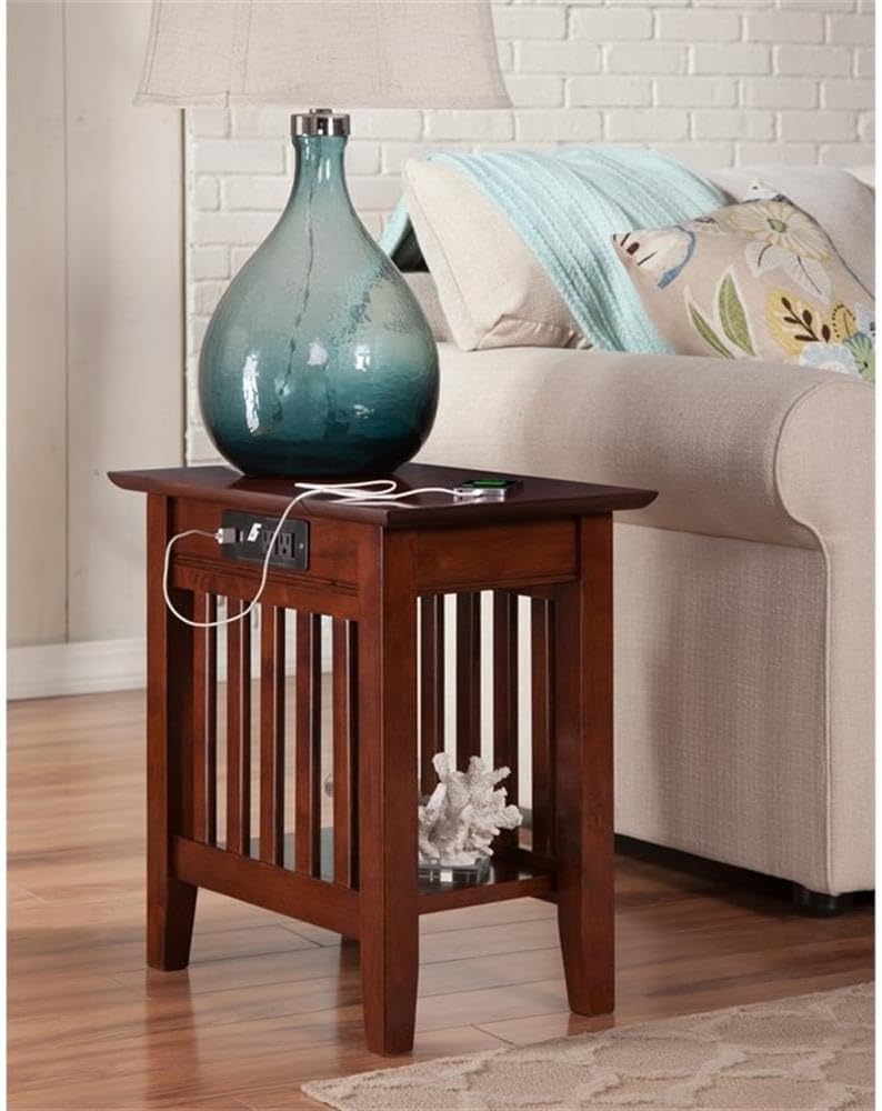 AFI Mission Solid Wood Chair Side Table with BuiltIn Device Charger Brown Walnut