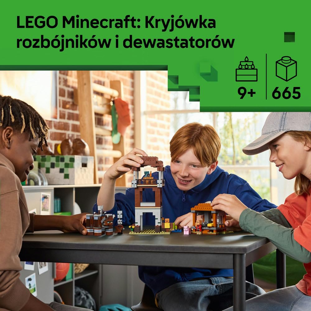 LEGO Minecraft Kryjówka rozbójników i dewastatorów 21278 | budowla Minecraft, zestaw z mobami, prezent dla fana Minecrafta 9+, 665 elementów