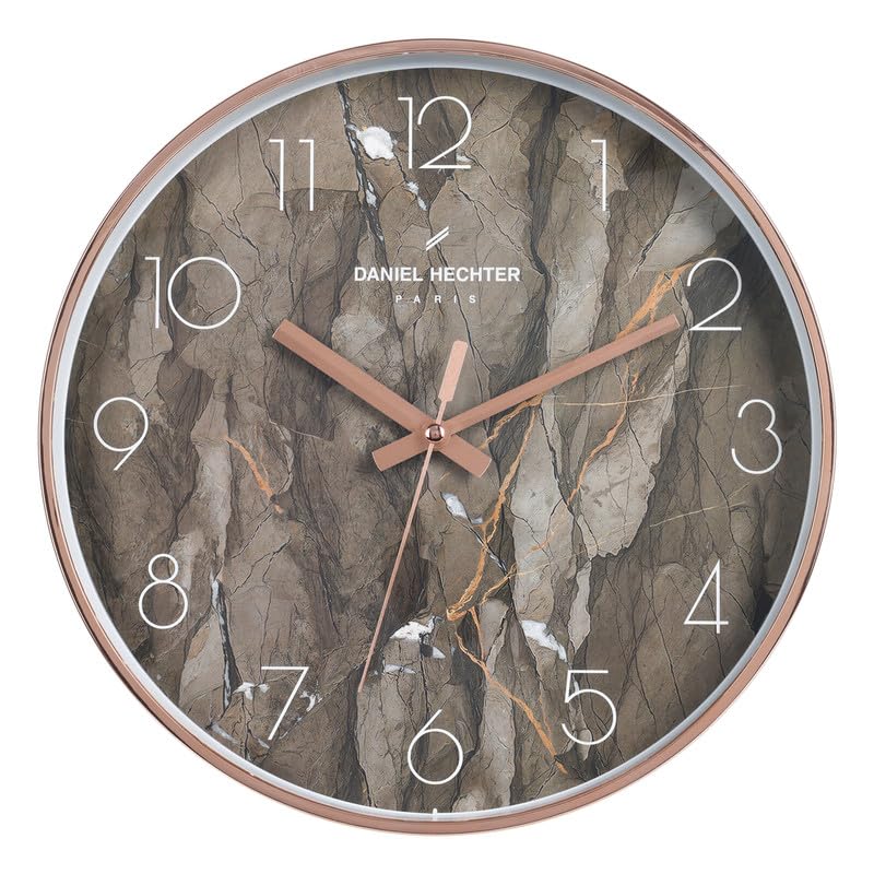 Image of Daniel Hechter Paris Moselle Collection Wall Clock, Silent Sweep Non-Ticking, 12 inch(30cm) HD Glass Brown Marble Dial, Rose Gold Plastic Frame, Modern Decorative Clock for Home & Office - DHCL1003
