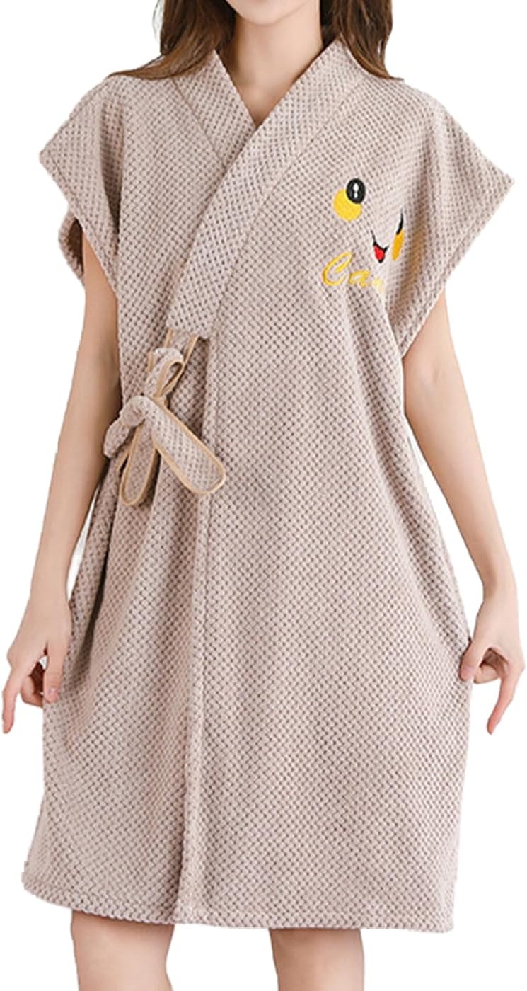 Women's Ultra-Absorbent Coral Fleece Bathrobe | Quick-Dry Spa Robe with No-Slip Belt | Post-Shower Comfort, Hotel-Quality Softness | Hypoallergenic, Non-Shedding | Khaki, 100x140cm