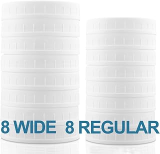 Aozita 16-Pack Plastic Mason Jar Lids with Sealing Rings - Storage Caps for Ball Kerr Canning Jars - 8 Regular Mouth and 8 Wide Mouth Jar Lids - 100% Sealing