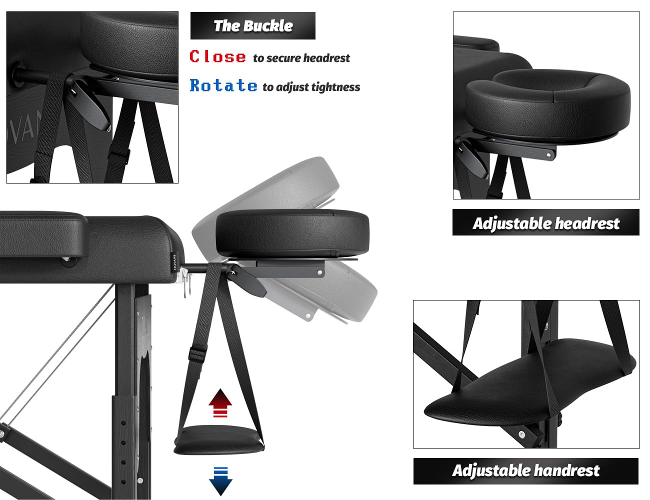 Mesa de masaje profesional portátil de 2 pliegues de espuma elástica de alta calidad con patas de madera de hasta 800 libras, 10 alturas ajustables con bolsa de transporte, color negro