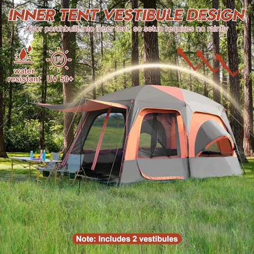 8–10-12 Person Camping Tent, 2 Room Family Tent with Zippered Divider, Porch, Rainfly, Extra Large Waterproof Cabin Tent with 3 Mesh Doors & Windows, Easy Setup 7.1 ft Tall Tent for Outdoor Camping - Image 9