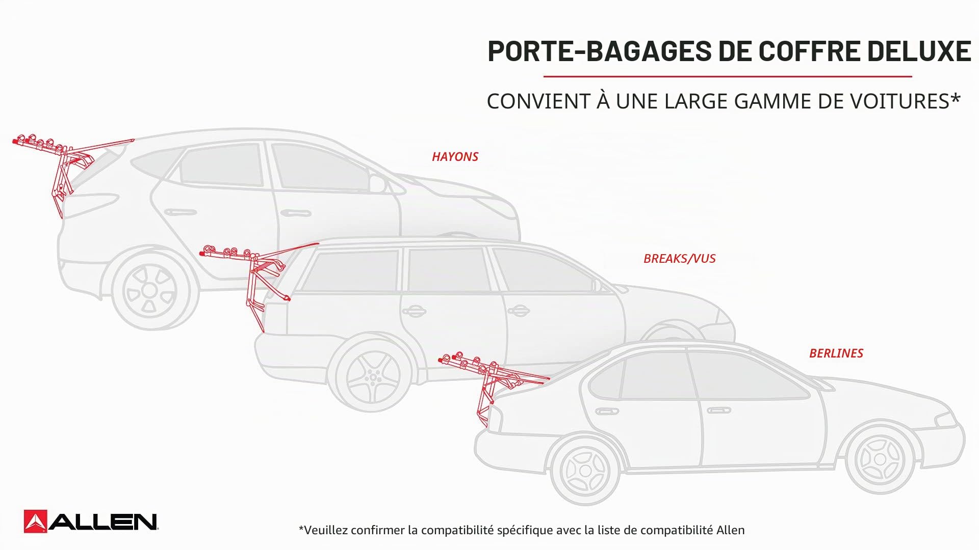 Allen Sports Deluxe+ 2-Bike Trunk Mounted Carrier, modèle QS2, Noir et Rouge