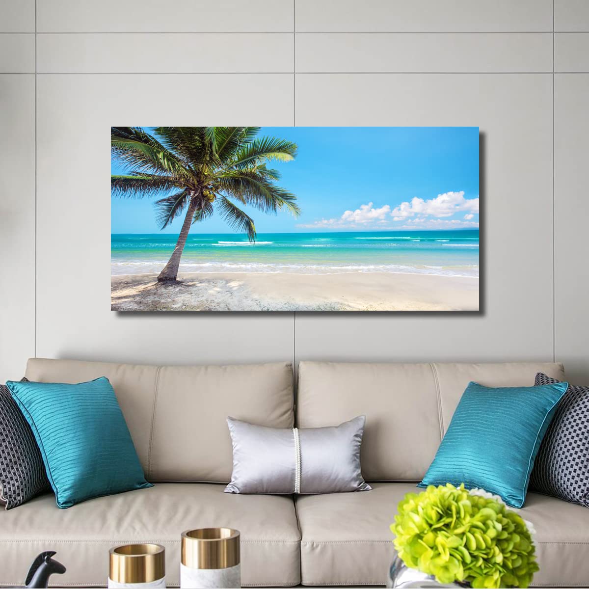 SHENGPOSTER Scena costiera tropicale Tela di canapa Vibrante tramonto Palme Onde dell'oceano Poster e stampe per camera da letto Bagno Decorazione domestica 60x72cm Innerframe