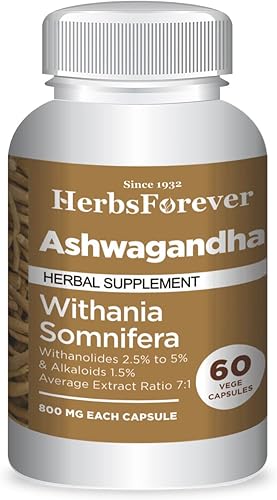 Herbsforever Cápsulas Ashwagandha  Withania Somnifera  Withannolides 5% y alcaloides 1.5%  Aumenta la energía y el rendimiento  60 cápsulas