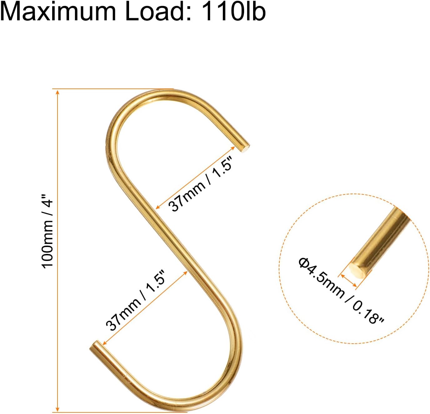 HARFINGTON 4pcs Long S Hooks 4 Inch Extra Long Metal S-Shaped Hanging Hooks High Manganese Steel S Hanger Storage Organizing Tool for Kitchen Garden Bathroom Garage Closet, Gold Tone