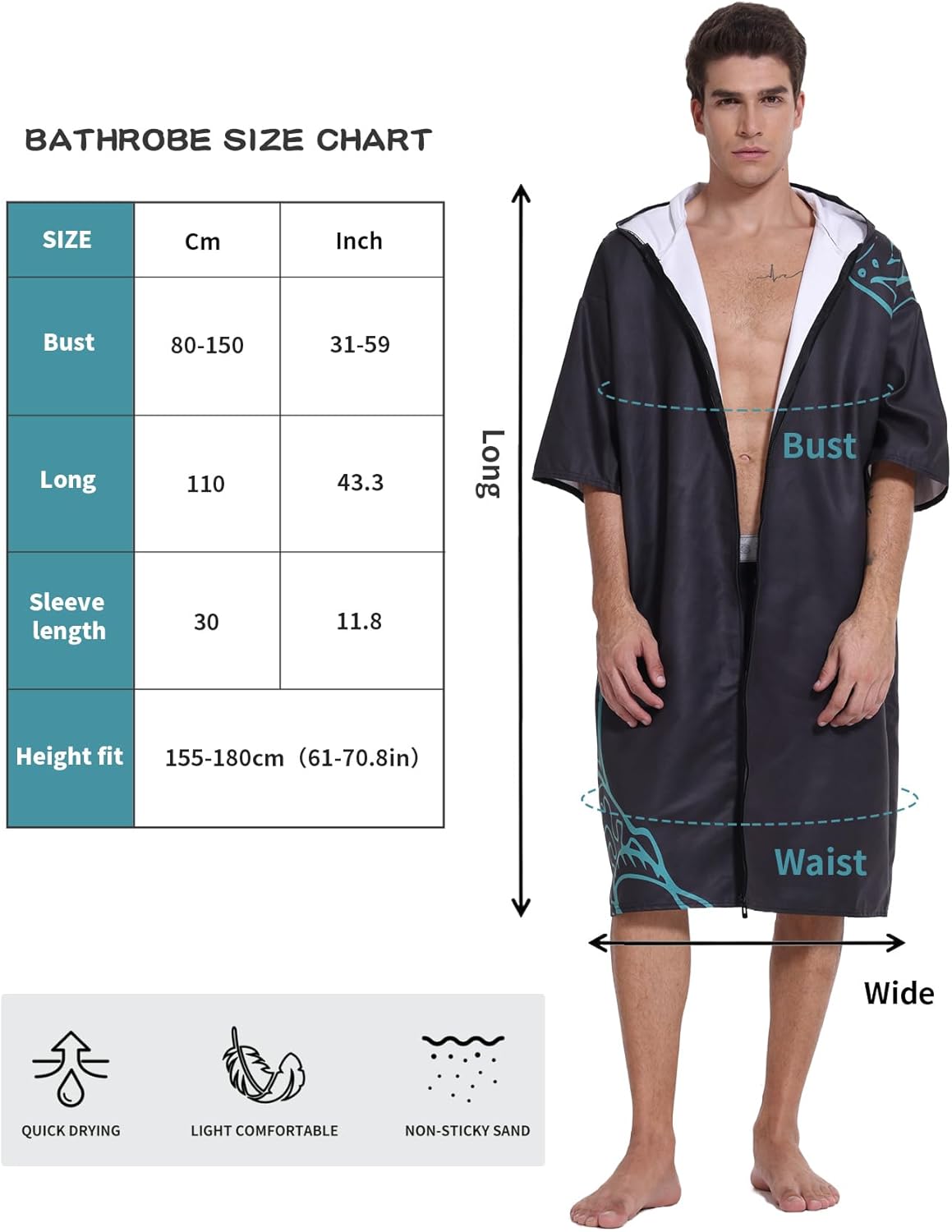 PISIQI Surf Poncho Changing Robe with Hood Absorbent Quick Dry Microfiber Wetsuit Changing Towel for Beach Surfing Men Women