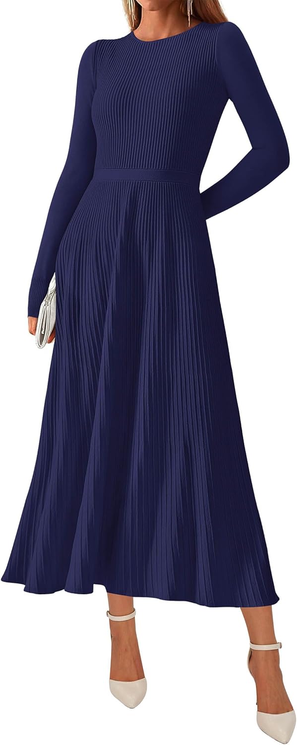 KIRUNDO Women Sweater Dress Holiday Ribbed Knit Long Sleeve Slimming Maxi Dress Fall Pleated Elegant A Line Winter Dresses