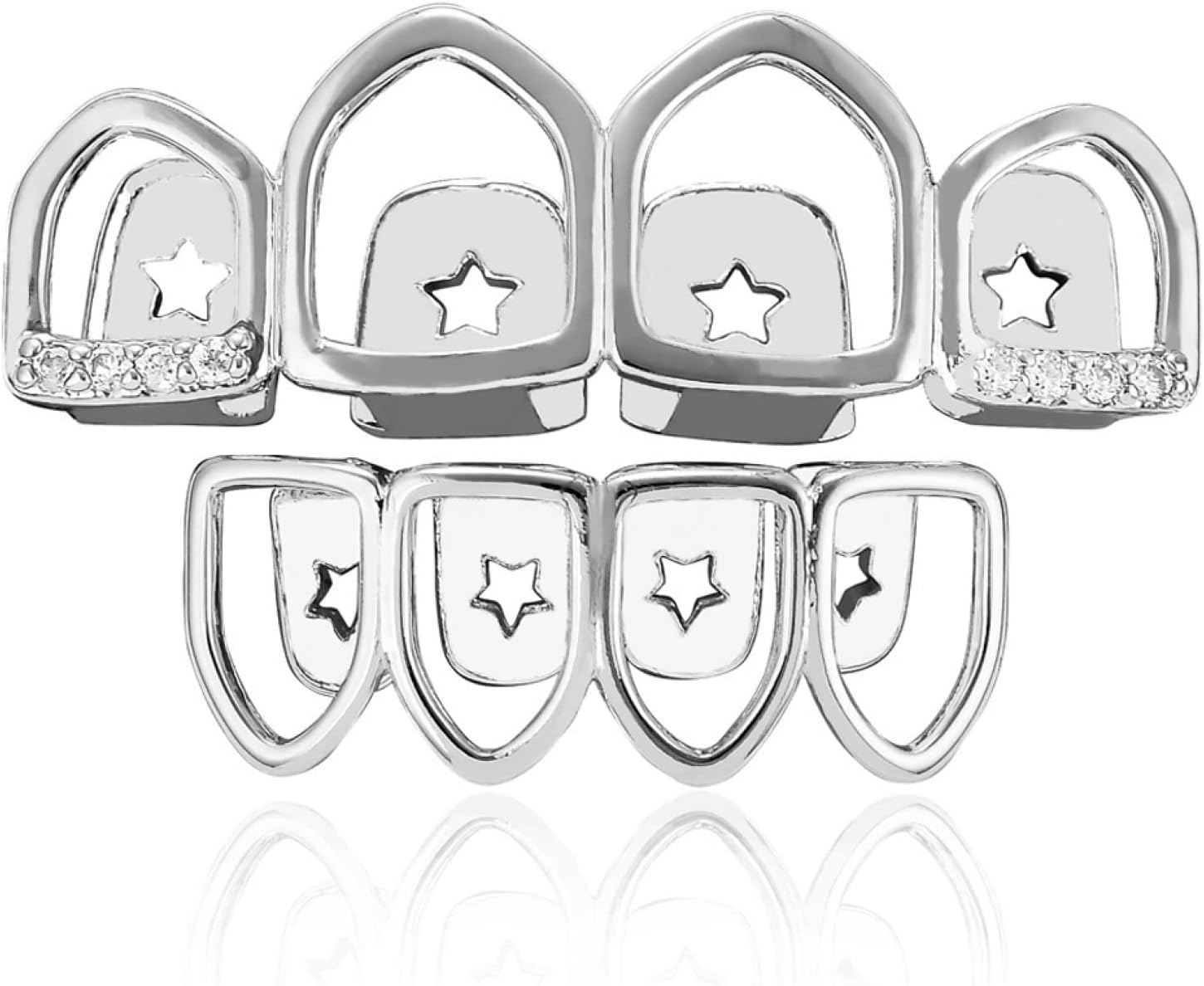 4 Tooth Openwork with Drilled Braces 18K Gold Plated Micro Zircon Personality Rap Hipster Braces, Silver (Set)