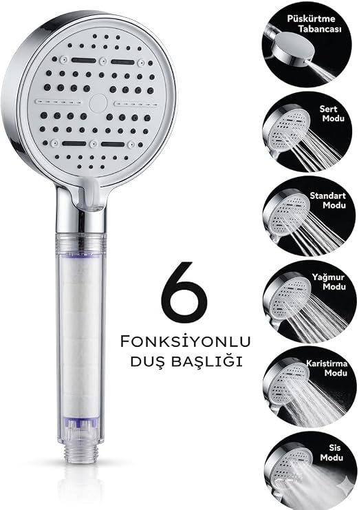 Mayaglory Multi 6 Fonksiyonlu Spa Etkili Filtreli Duş Başlığı Yüksek Basınçlı Su Tasarruflu Klor ve Kireç Önleyici El Duşu, Handshower (Art Deco) [Enerji Sınıfı A++]