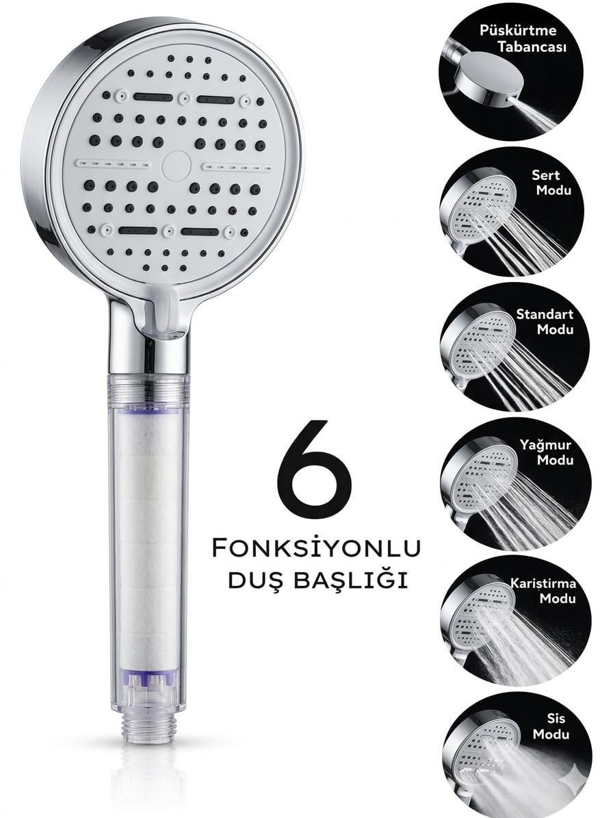 Mayaglory Multi 6 Fonksiyonlu Spa Etkili Filtreli Duş Başlığı Yüksek Basınçlı Su Tasarruflu Klor ve Kireç Önleyici El Duşu, Handshower (Art Deco)