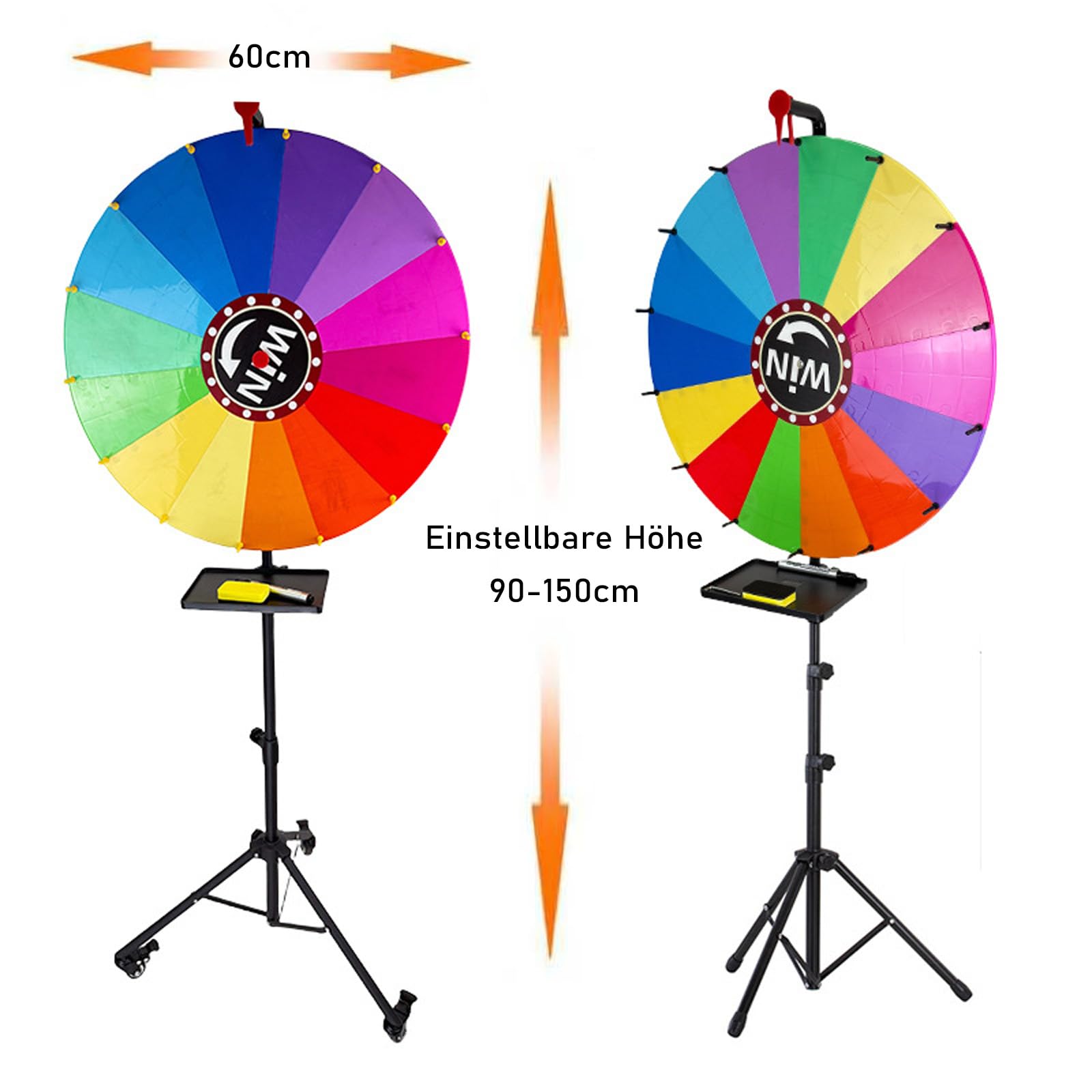 Roue porte-bonheur de 60 cm de diamètre - Roue de bonheur - Hauteur réglable de 90 à 150 cm - Jeux - Plateau rotatif amovible - Grande roue à tourner - Avec porte-stylo - Outils d'écriture