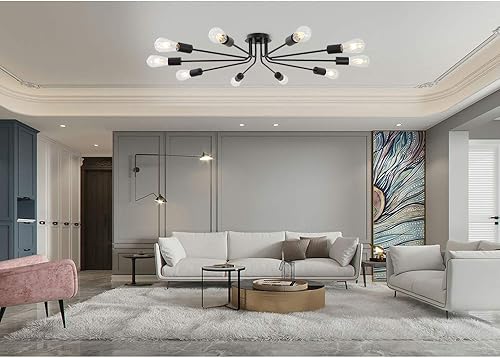 Miniatura 2 de Lámpara de techo con 10 luces vintage de metal semiempotrado, lámpara de techo negra para sala de estar, comedor, cocina, pasillo, cafetería