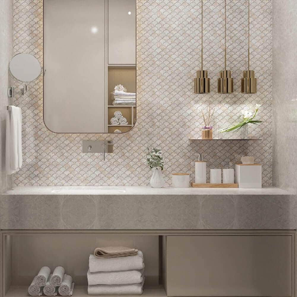 Diflart Mother of Pearl Fish Scale Backsplash Shell Tile for Kitchen Bathroom Shower Spa Wall Pool Tiles Pack of 6 Sheets