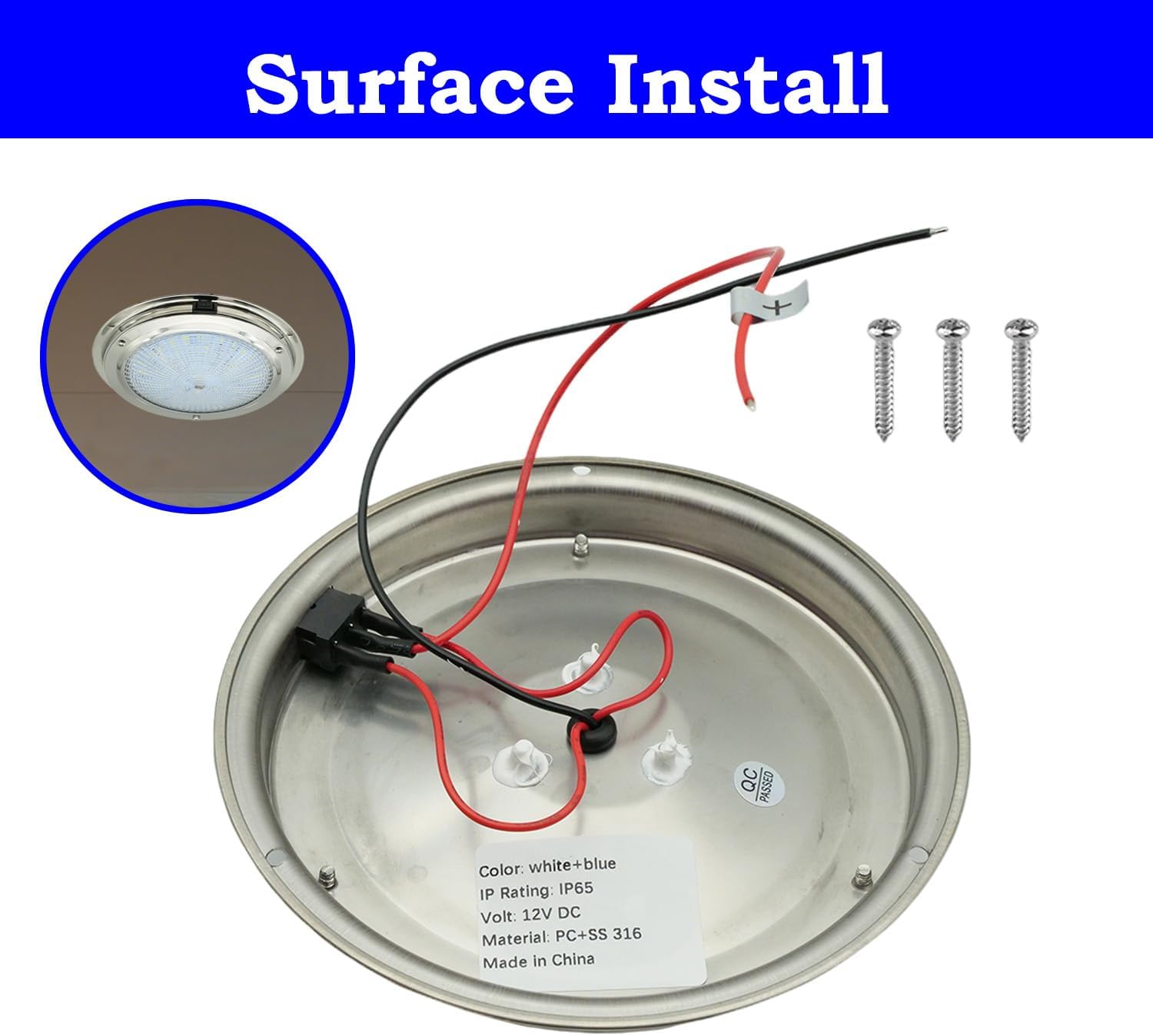 Marine Boat Dome Light, Dual Color 5.5" 12V LED Interior Cabin Lights with Toggle Switch, Stainless Steel Surface Mount (White|Blue)