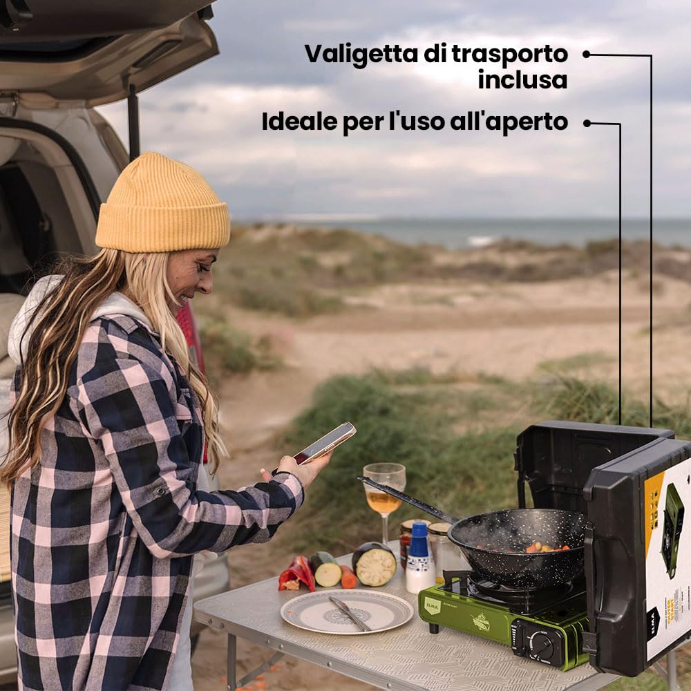 Fornello a Gas Portatile Elma Outer Start Compatibile con Cartucce Butano EN417 e Bombole Butano/Propano, Ideale per Campeggio, Viaggi e Outdoor | con Valigetta di Trasporto, 2,3 Kw, Verde