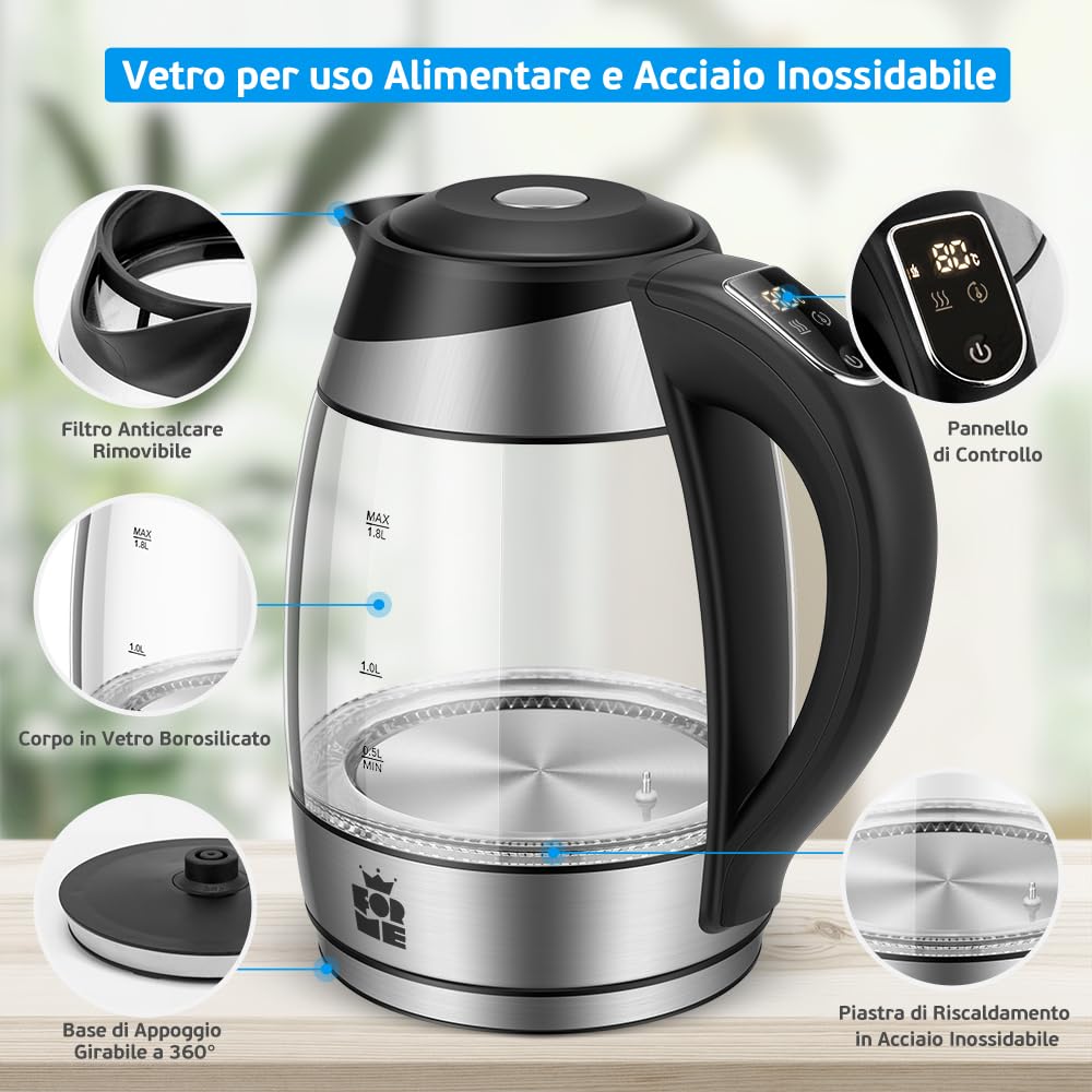 FOR ME Bollitore Elettrico in Vetro 1,8 L, Controllo della Temperatura, Temperatura Selezionabile da 40°C a 100°C, Illuminazione a LED a 7 Colori, Funzione di Mantenimento Caldo, Senza BPA