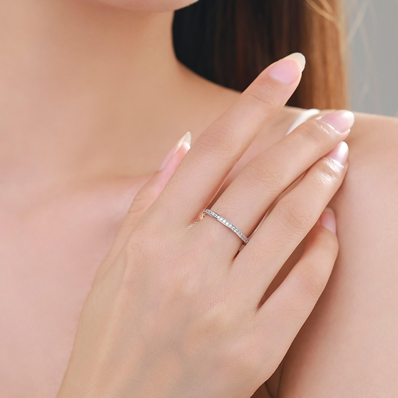 Anillos de boda de plata para mujer, anillos de amistad, delgados, geométricos, con corte redondo, diamante de laboratorio, oro blanco de 14 quilates, talla 50 (15,9)