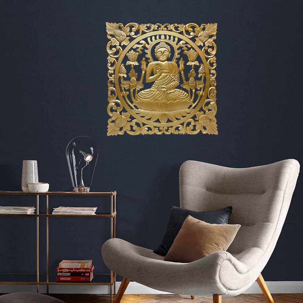 P M T Wooden Wall hanging Panels of Gods and Scriotures Hand Made Suar Wood Buddha-Motif Relief Panel, Dealing in Anxiety Size - 36x36 (Inch)