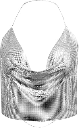 Womens Sexy Sparkly Chain Top Metallic Sequin Rhinestone Halter Backless Crop Outfit EDM Party Club Tank Shirt
