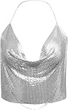 Womens Sexy Sparkly Chain Top Metallic Sequin Rhinestone Halter Backless Crop Outfit EDM Party Club Tank Shirt （Silver）