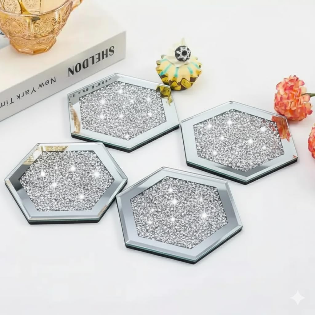 Serena's Silver ® 4 Pack Crushed Diamond Crystal And Mirror Coasters Set Of 4 Glittering Coasters For Home Kitchen & Restaurant Décor, Sparkly Coaster Set For Gifting On Special Occasions (Hexagon)
