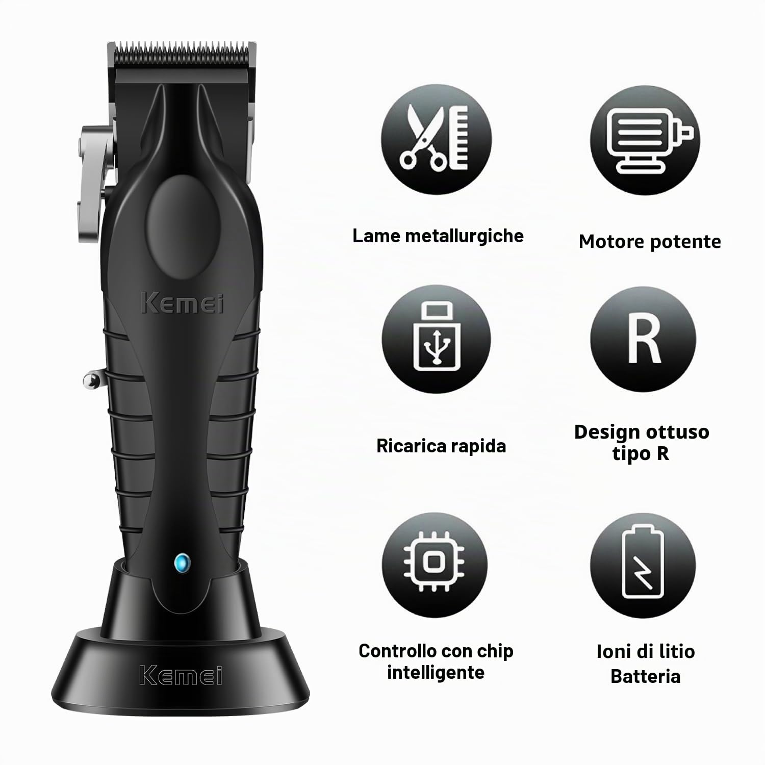 KEMEI 2296 - Tagliacapelli professionale uomo, senza fili, ricaricabile USB, 350 minuti, 8 pettini guida