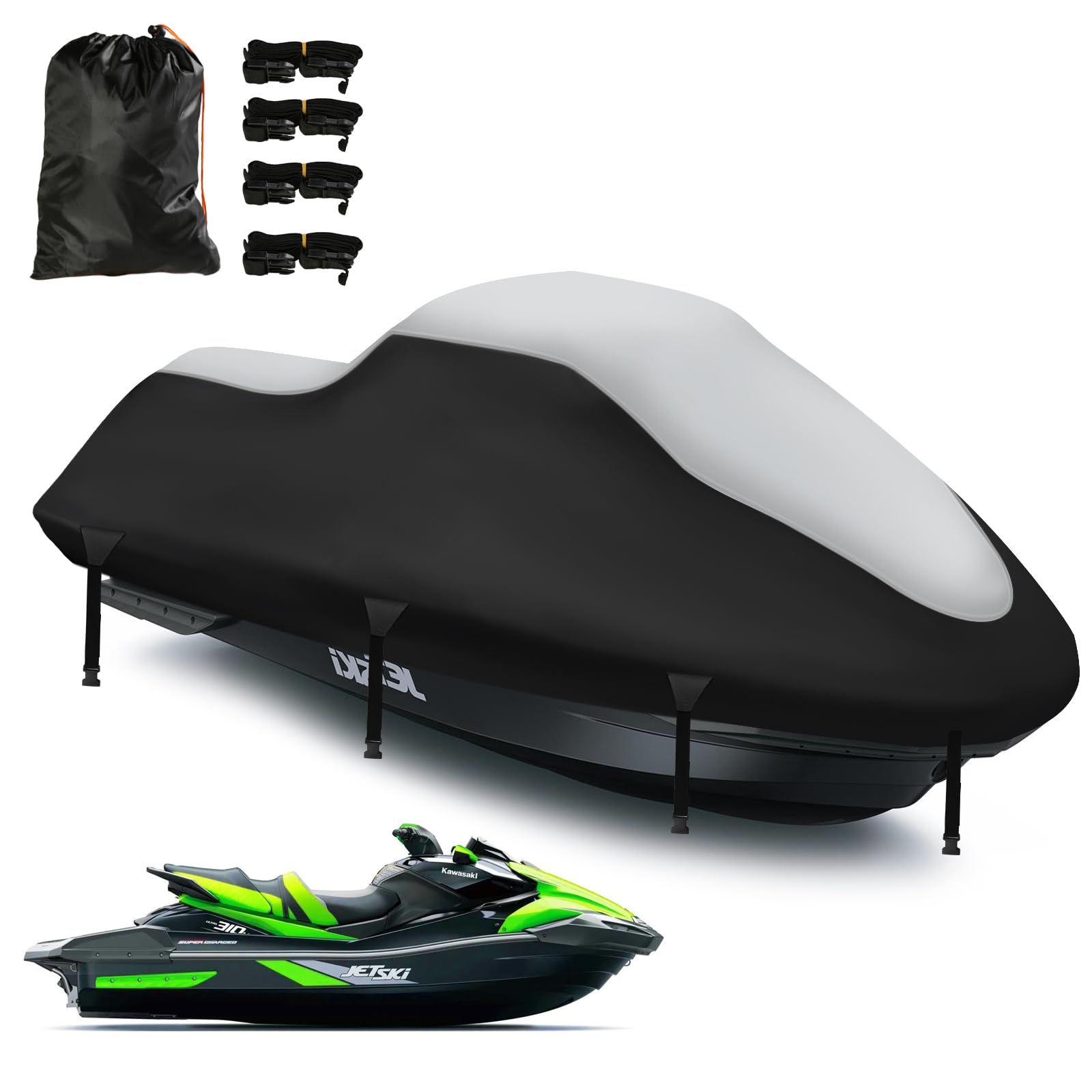 Jet Ski Cover 3 Seater,Upgraded 900D Heavy Duty Waterproof Waverunner Cover,2 Air Vent Marine Grade UV Resistant for Seadoo,Kawasaki,Waverunner Polaris from 136" to 145"(Black&Silver)