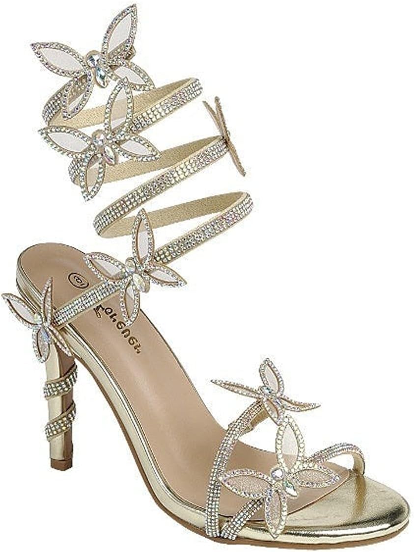 Forever Link Women Rhinestone Butterfly Wrap up Stiletto Heel Sandals