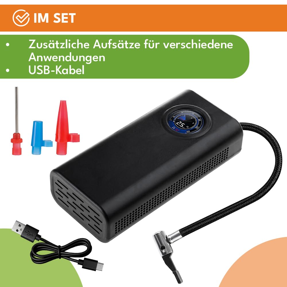 KRUMAD Pompka powietrzna bezprzewodowa do roweru elektryczna, akumulatorowa pompka rowerowa z manometrem, USB pompa powietrza, mini kompresor do samochodu, pompka do motocykla, piłek, akcesoria