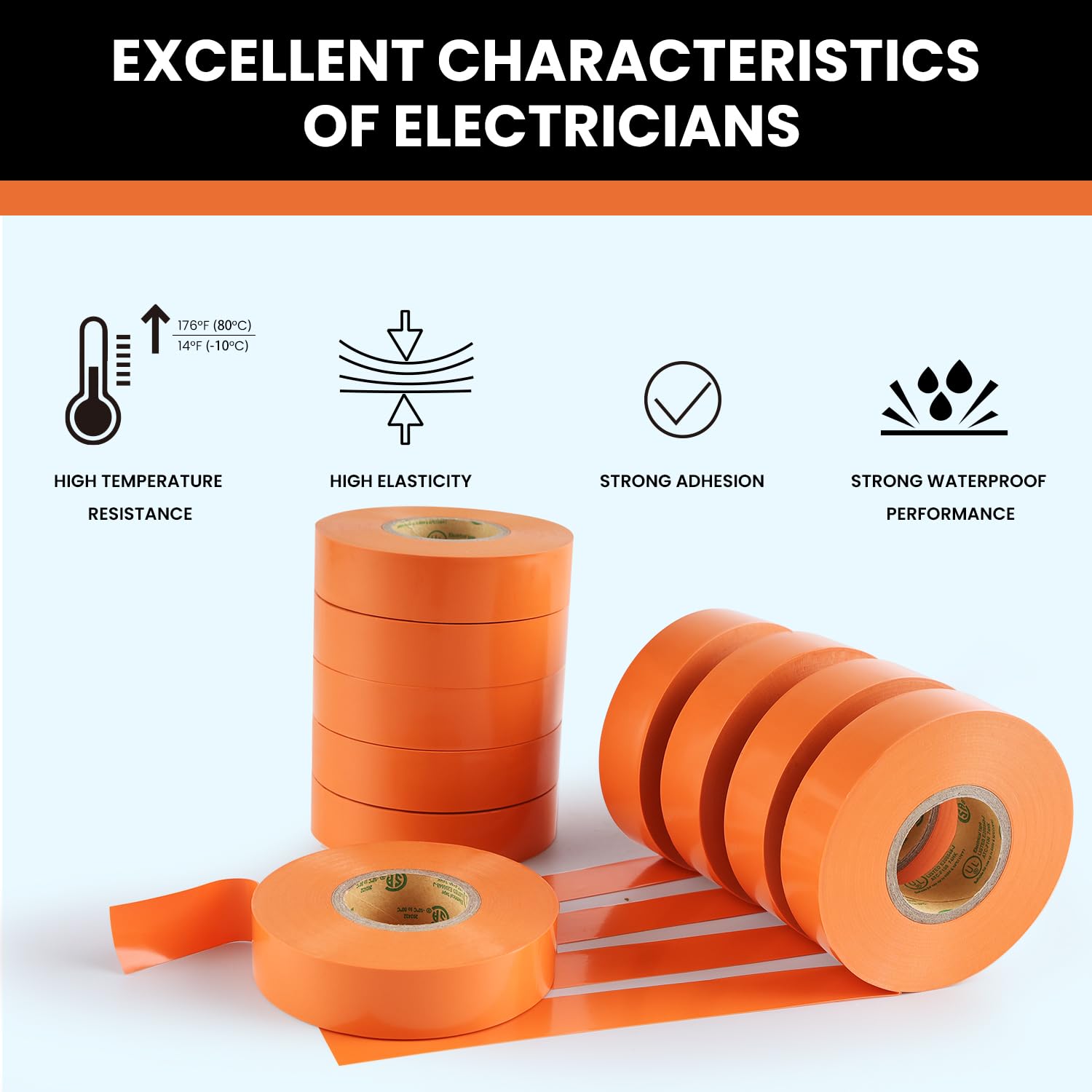 Lichamp 10 cintas aislantes impermeables de grado industrial UL/CSA (1,9 cm x 20 m), color naranja